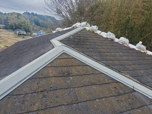 屋根も経年劣化による色あせ、コケや汚れが見られます。